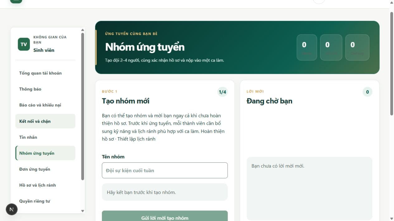 Màn hình tạo nhóm: cần kết bạn trước khi mời thành viên.