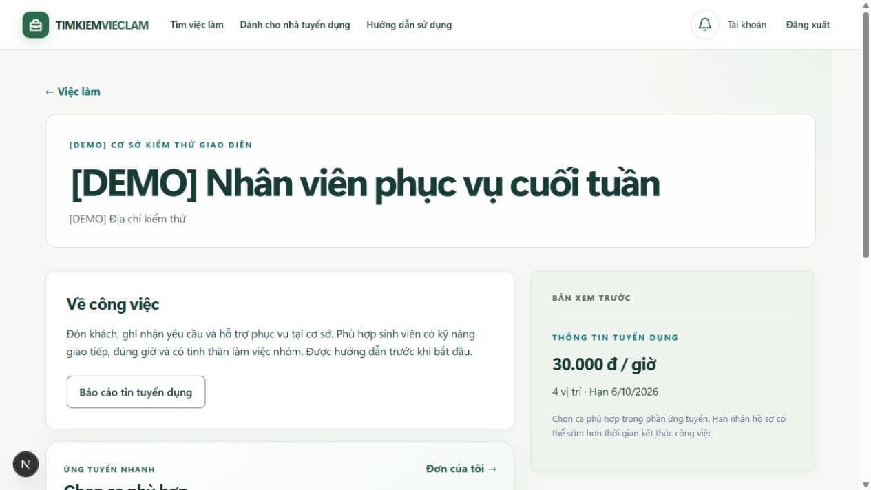 Đọc mô tả, mức lương, hạn tuyển và thông tin cơ sở trước khi ứng tuyển.