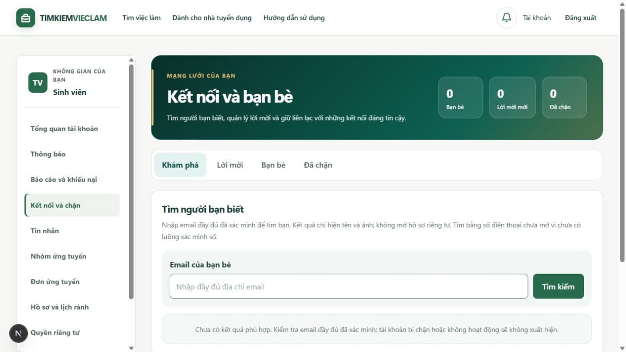 Tìm bạn bằng email đầy đủ đã xác minh.